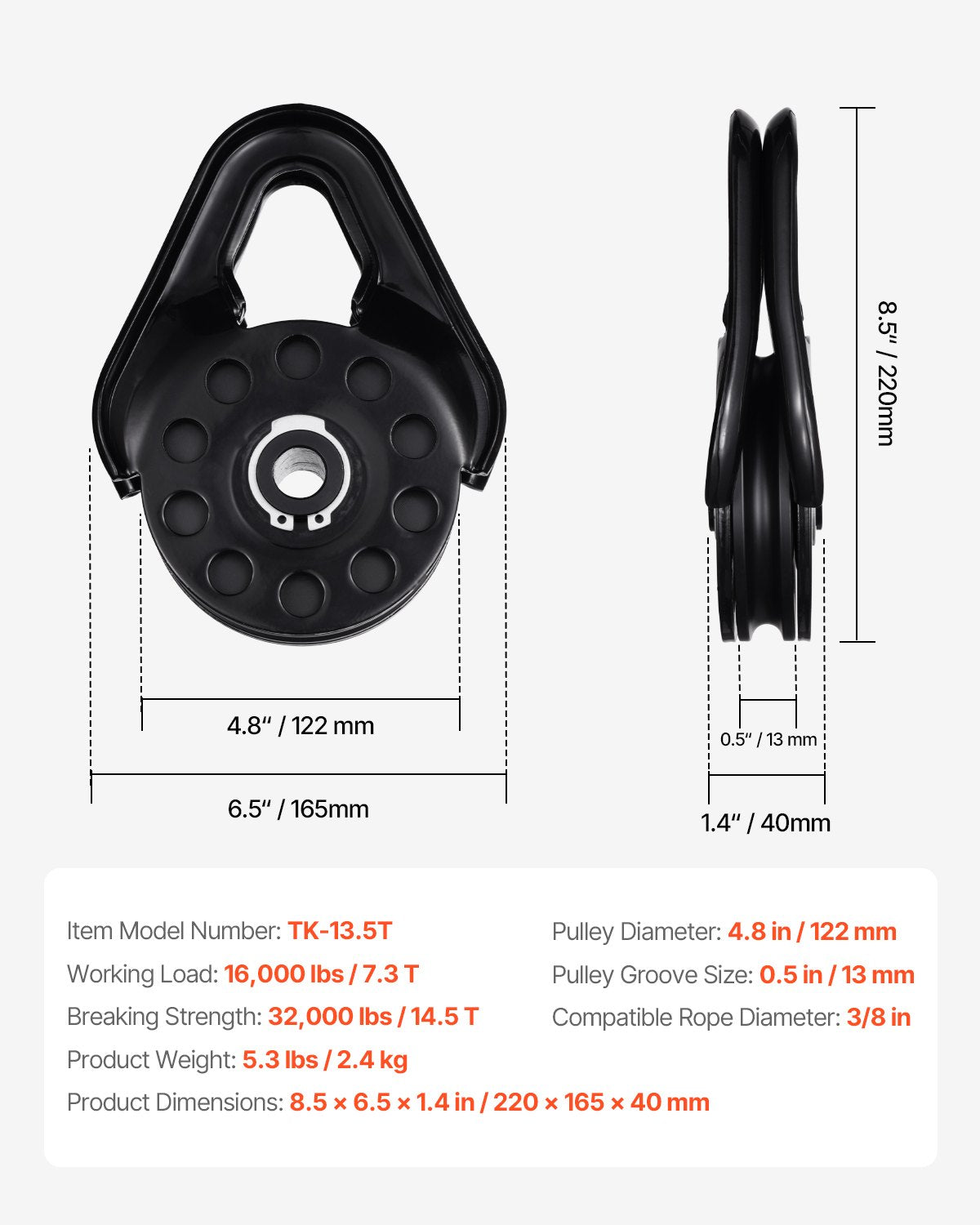 14,5 tons ryckblock för vinschbärgning, kraftig 14 000 kg brottstyrka, fungerar med 3/8-tums rep, kompakt terrängbärgningstillbehör för bogsering och bärgning på lastbil, traktor, ATV och UTV