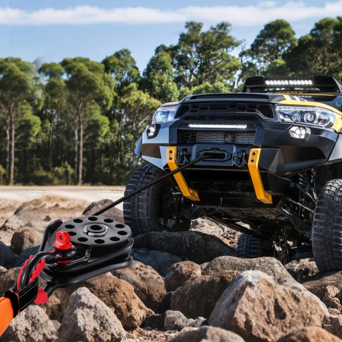 14,5 tons ryckblock för vinschbärgning, kraftig 14 000 kg brottstyrka, fungerar med 3/8-tums rep, kompakt terrängbärgningstillbehör för bogsering och bärgning på lastbil, traktor, ATV och UTV