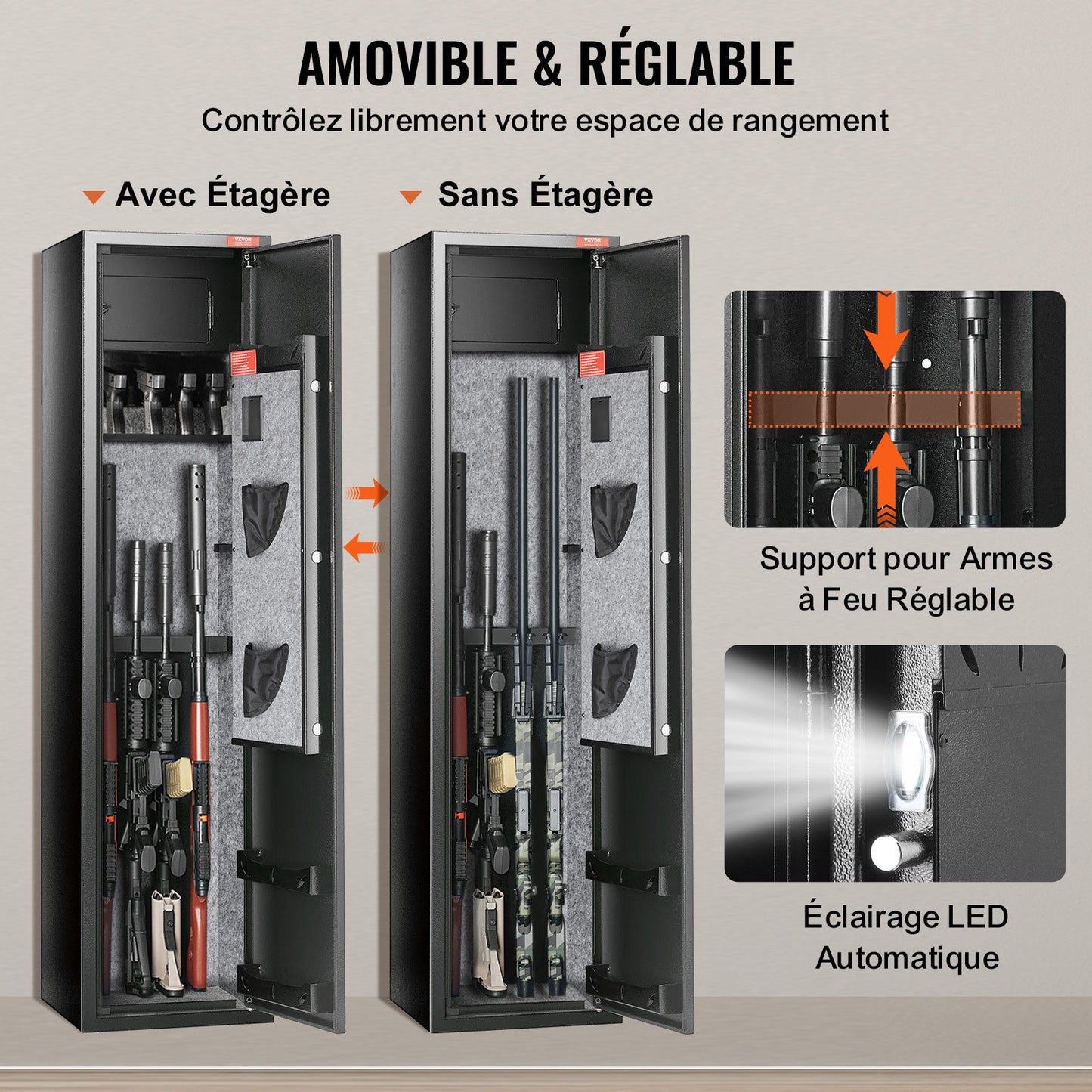 Vapenskåp för 7-8 gevär, gevärskåp med digital knappsats och lås, vapenförvaringsskåp med inbyggt förvaringsskåp, avtagbar förvaringshylla för långt vapen och pistoler