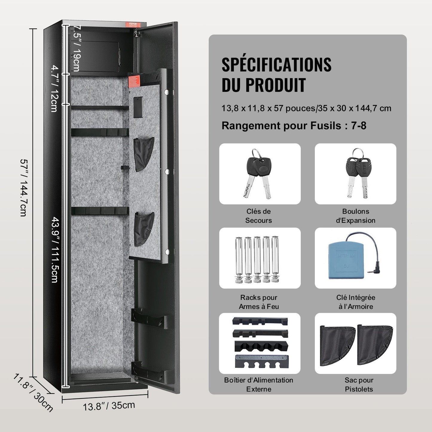 Vapenskåp för 7-8 gevär, gevärskåp med digital knappsats och lås, vapenförvaringsskåp med inbyggt förvaringsskåp, avtagbar förvaringshylla för långt vapen och pistoler