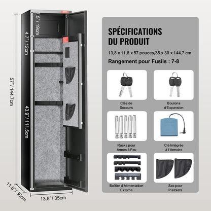Vapenskåp för 7-8 gevär, gevärskåp med digital knappsats och lås, vapenförvaringsskåp med inbyggt förvaringsskåp, avtagbar förvaringshylla för långt vapen och pistoler