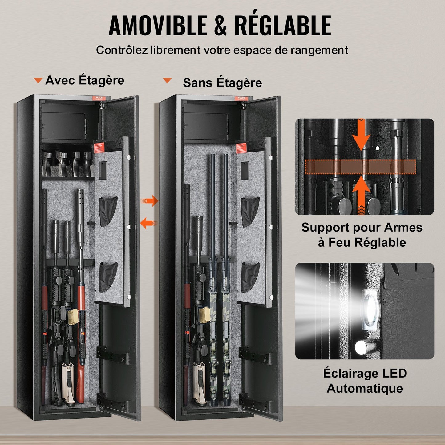 Vapenskåp för 5 gevär, gevärskåp med digital knappsats och lås, vapenförvaringsskåp med inbyggt förvaringsskåp, avtagbar förvaringshylla för långt vapen och pistoler
