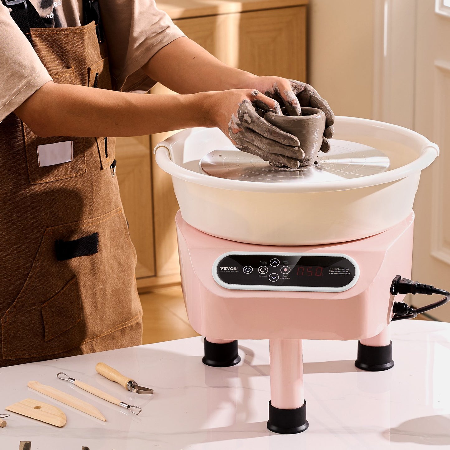 Keramikhjul, 10 tums keramikformningsmaskin, 350W elektriskt hjul för keramik med fotpedal och LCD-pekskärm, direktdrivet keramiskt hjul med 3 stödben för gör-det-själv-konst, rosa