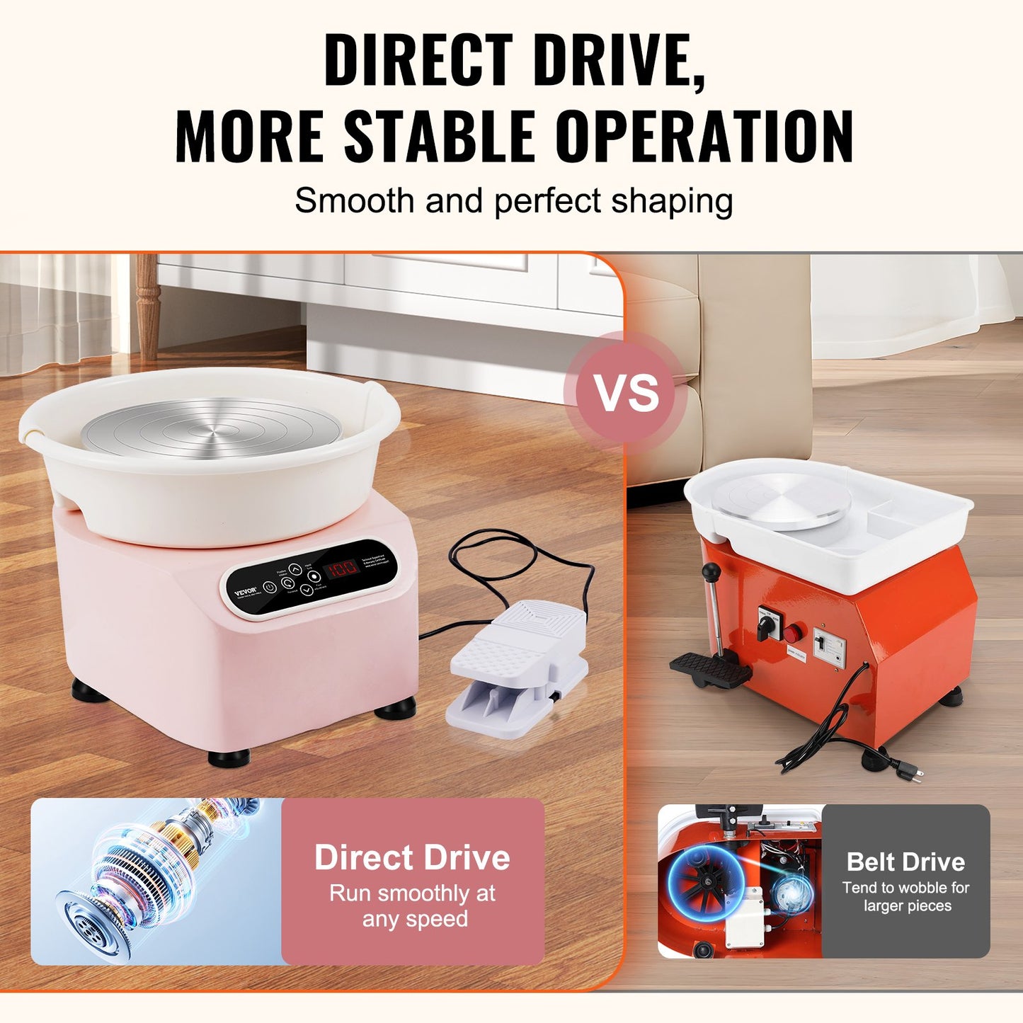 Drejskiva 27,9 cm keramisk skiva, fotpedal, pekskärm, förkläde, 450 W, rosa