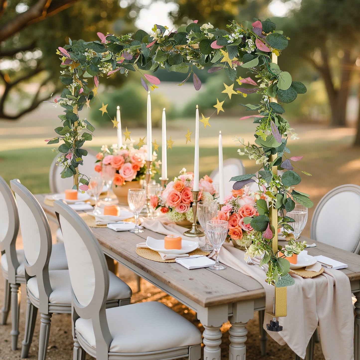 Stativ för bordsstänger med klämmor, 33-102 cm högt och 74-91 cm längdjusterbart, bordsstativ i metall med rotting, bordsram för ballongbåge för bröllop, födelsedag, juldekorationer, guld