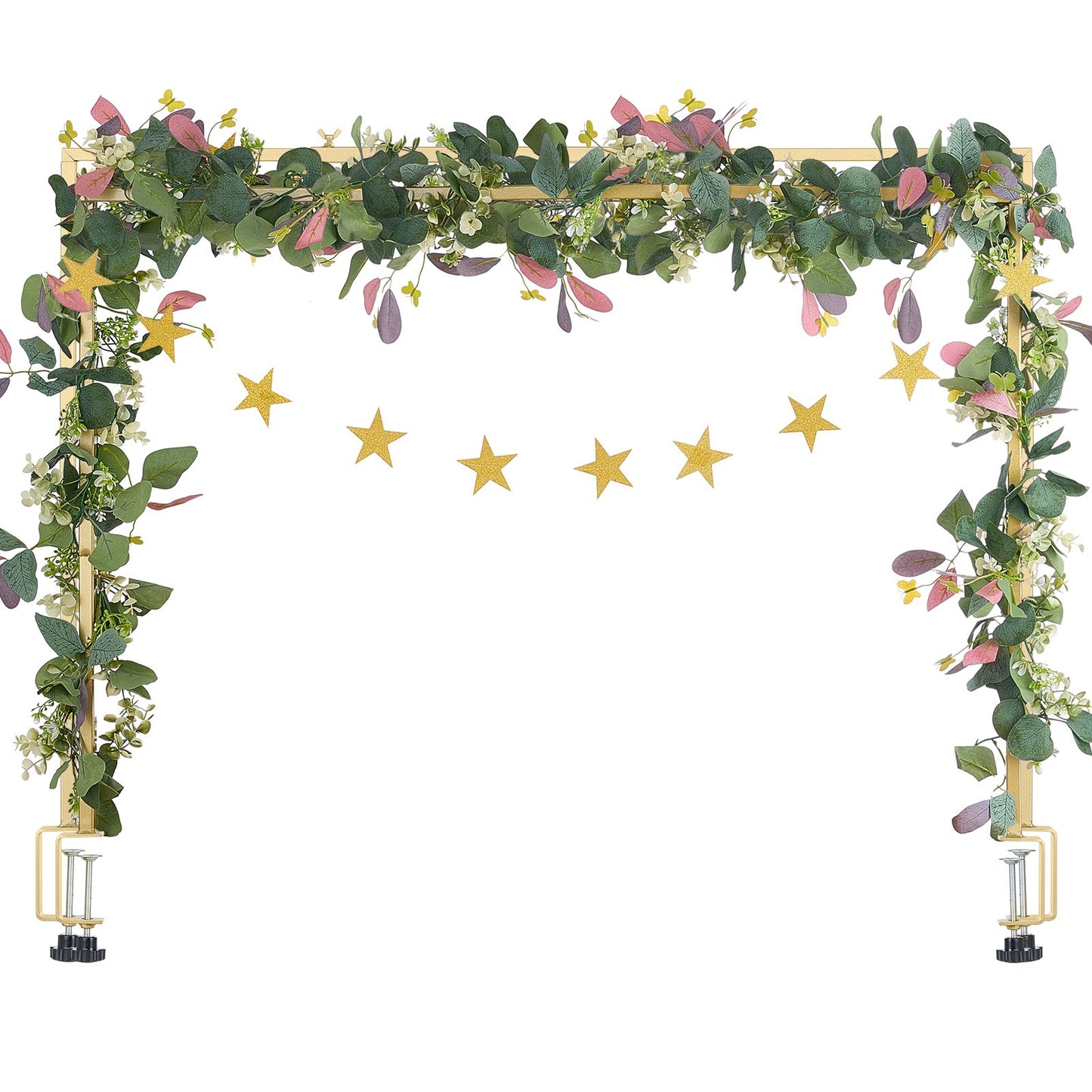 Stativ för bordsstänger med klämmor, 33-102 cm högt och 74-91 cm längdjusterbart, bordsstativ i metall med rotting, bordsram för ballongbåge för bröllop, födelsedag, juldekorationer, guld