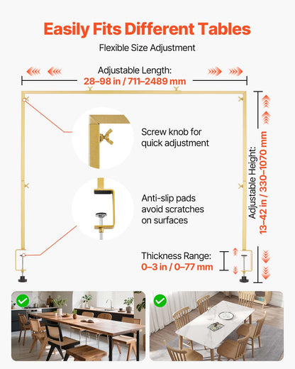 Over the Table Rod Stand with Clamps, Adjustable 71-249 cm Length & 33-106 cm Height, Table Arch Stand with Floral Accessories, Gold Balloon Frame for Wedding Birthday Party Christmas Decoration