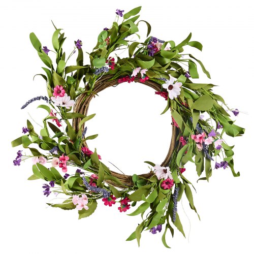 Artificial Decorative Wreath, 22 in, Pink Green, Decorated with Daisies, Babysbreath, Buds, Year Round Wreath for All Seasons Indoor and Outdoor Home Wall Window Festival Wedding Decorations