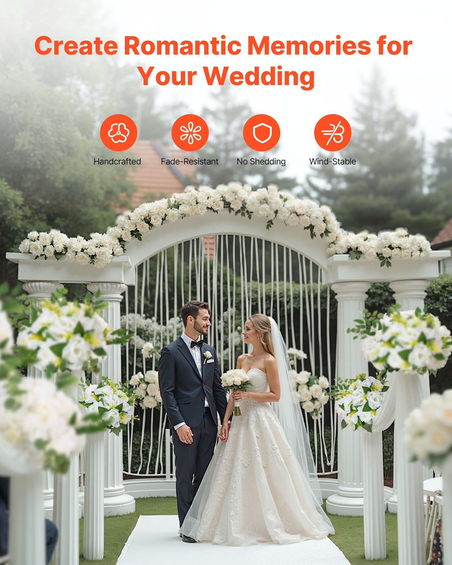 Blombollarrangemang Bukett 10 st, 240 mm diameter Konstgjorda blombollar Bröllopsrosbordsdekorationer, Konstgjorda blomsterarrangemang för bröllopsbordsdekorationer, Vit