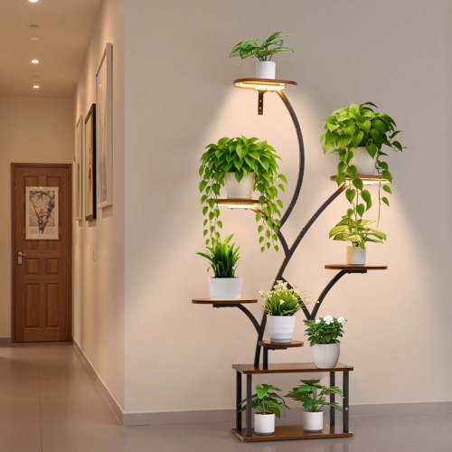 Plant Stand Indoor with Grow Lights, 157.5cm Tall 8-Tier Lighted Plant Shelf, Metal Corner Plants Holder, 3 Timer & 10 Brightness, Tree-Shaped Flower Display Rack for Living Room Balcony Decor