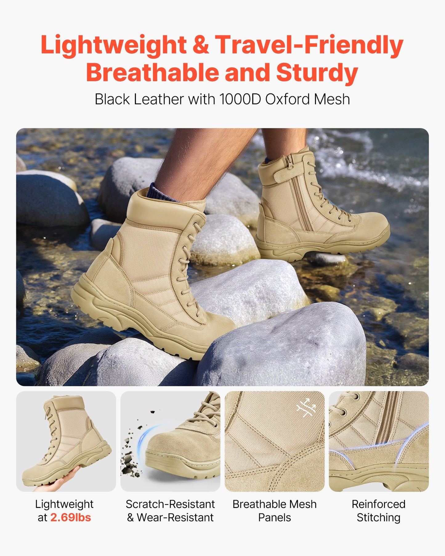 Militära taktiska stövlar för män, 203 mm vandringsstövlar för strid, lätta och andningsbara Interceptor Trooper-stövlar med dragkedja på sidan, för utomhussäkerhet, storlek UK 8, sandfärgade