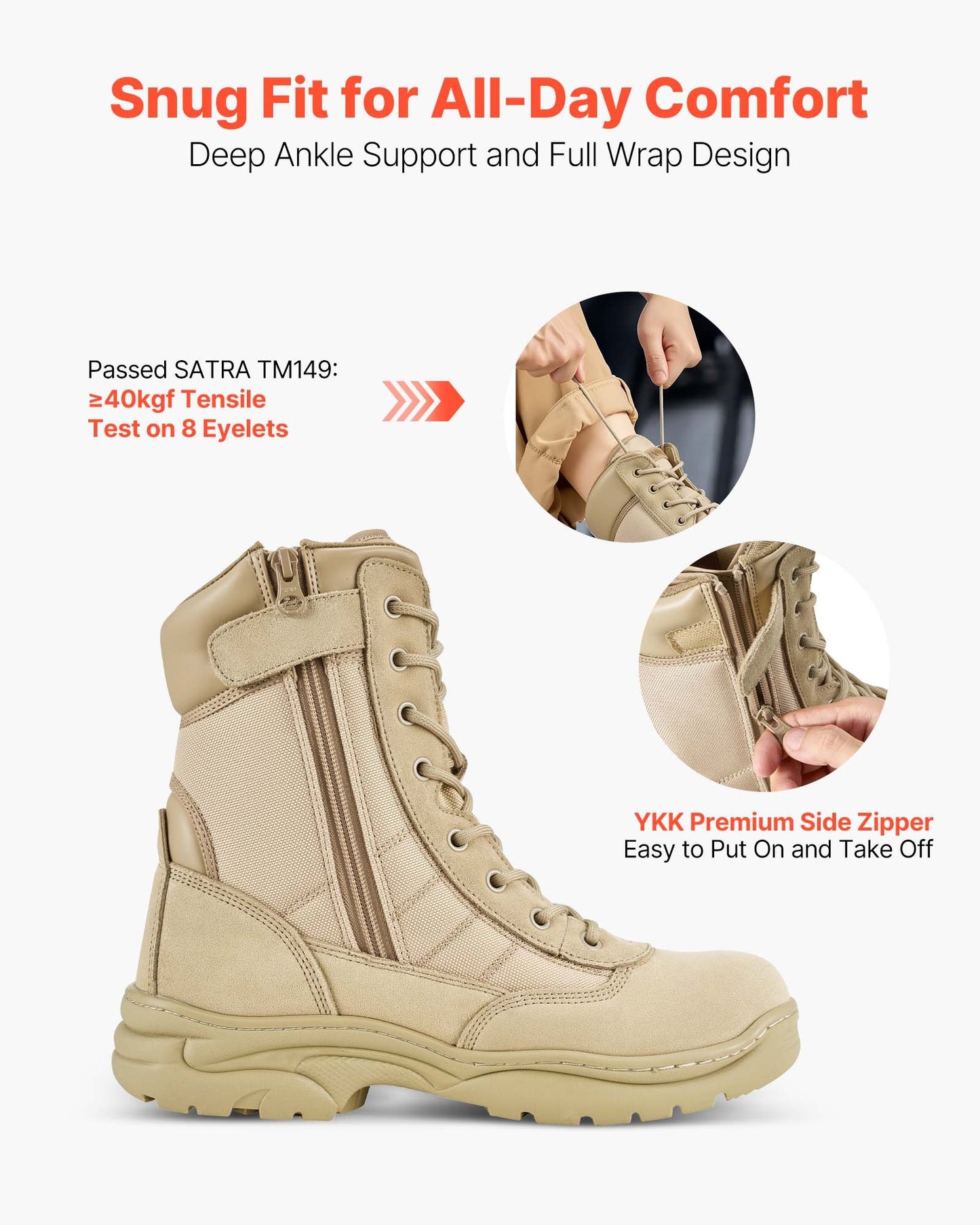 Militära taktiska stövlar för män, 203 mm vandringsstövlar för strid, lätta och andningsbara Interceptor Trooper-stövlar med dragkedja på sidan, för utomhussäkerhet, storlek UK 8, sandfärgade