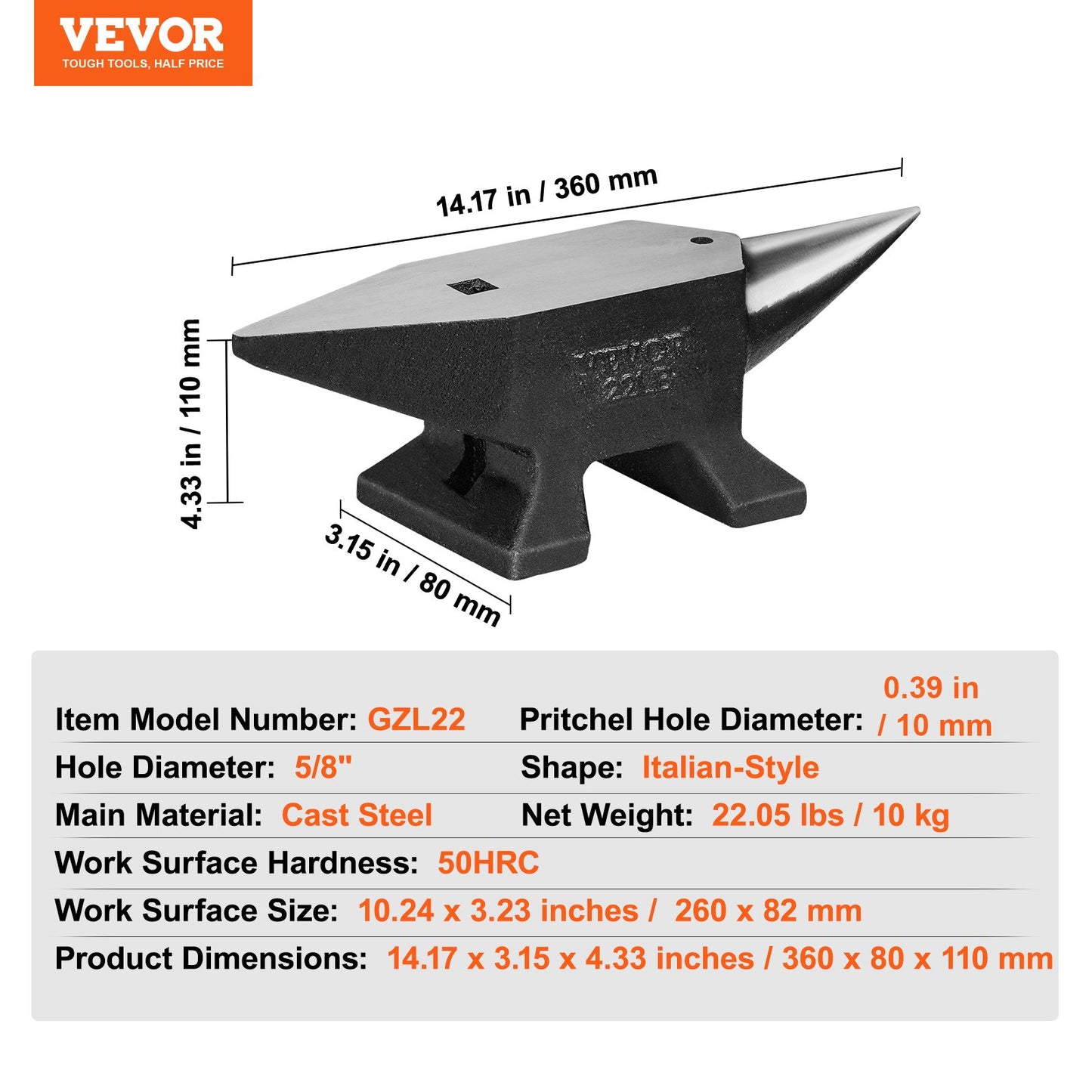 Single Horn Anvil, 10 kg Cast Steel Anvil, High Hardness Rugged Round Horn Anvil Blacksmith, Large Countertop and Stable Base, with Round and Square Hole, Metalsmith Tool for Bending and Shaping