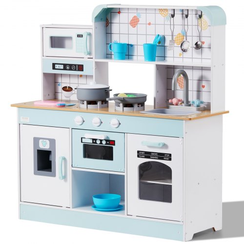 Play Kitchen for Kids, Wooden Toy Kitchen Set with Lights and Sounds, Toddler Kitchen with Ice Maker, Oven, Sink, Microwaves, Fridge and Utensil and Fruit Accessory for Toddlers, White