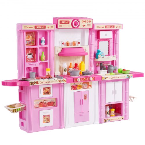 Kids Kitchen Playset, 3-in-1 Toddler Kitchen with Simulated Spray, Sounds and Lights, Play Kitchen Set with 74 PCS Cooking Accessory Set for Toddlers, Preschoolers, Children Ages 3-8, Pink