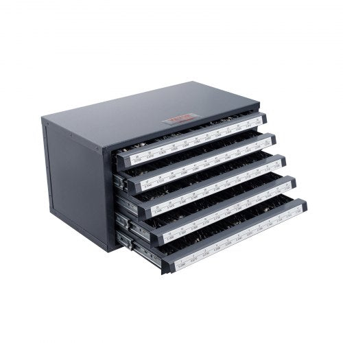 Borrbitsdispenserskåp, borrbitsorganiseringsskåp med fem lådor för borrbitsförvaring i stål #1 till #60, organiseringsskåp med etiketter, stapelbar borrhållare för borrbitsförvaring