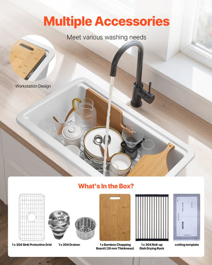 84 cm lantligt diskho, vit arbetsstation för diskho, undermonterade tvättställ i eldfast lera, nedfällbart tvättställ med en ho och flera tillbehör, stor diskmaskinsdiskho för kök