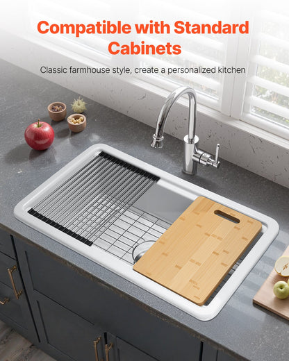 84 cm lantligt diskho, vit arbetsstation för diskho, undermonterade tvättställ i eldfast lera, nedfällbart tvättställ med en ho och flera tillbehör, stor diskmaskinsdiskho för kök