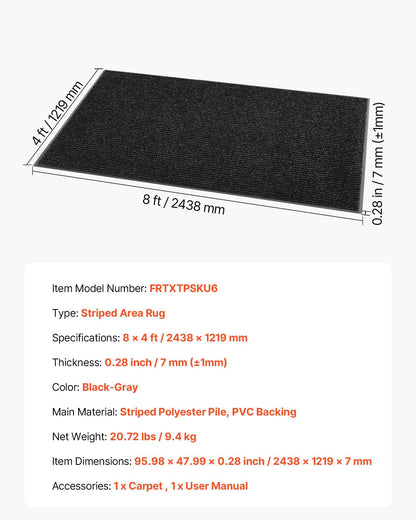 Front Door Mat, 2438 x 1219 mm Commercial Floor Mat for Indoor and Outdoor, Stylish Striped Industrial Carpet with PVC Backing, Heavy Duty Washable Entry Rug for Hallway, Balcony, Garage, Grey