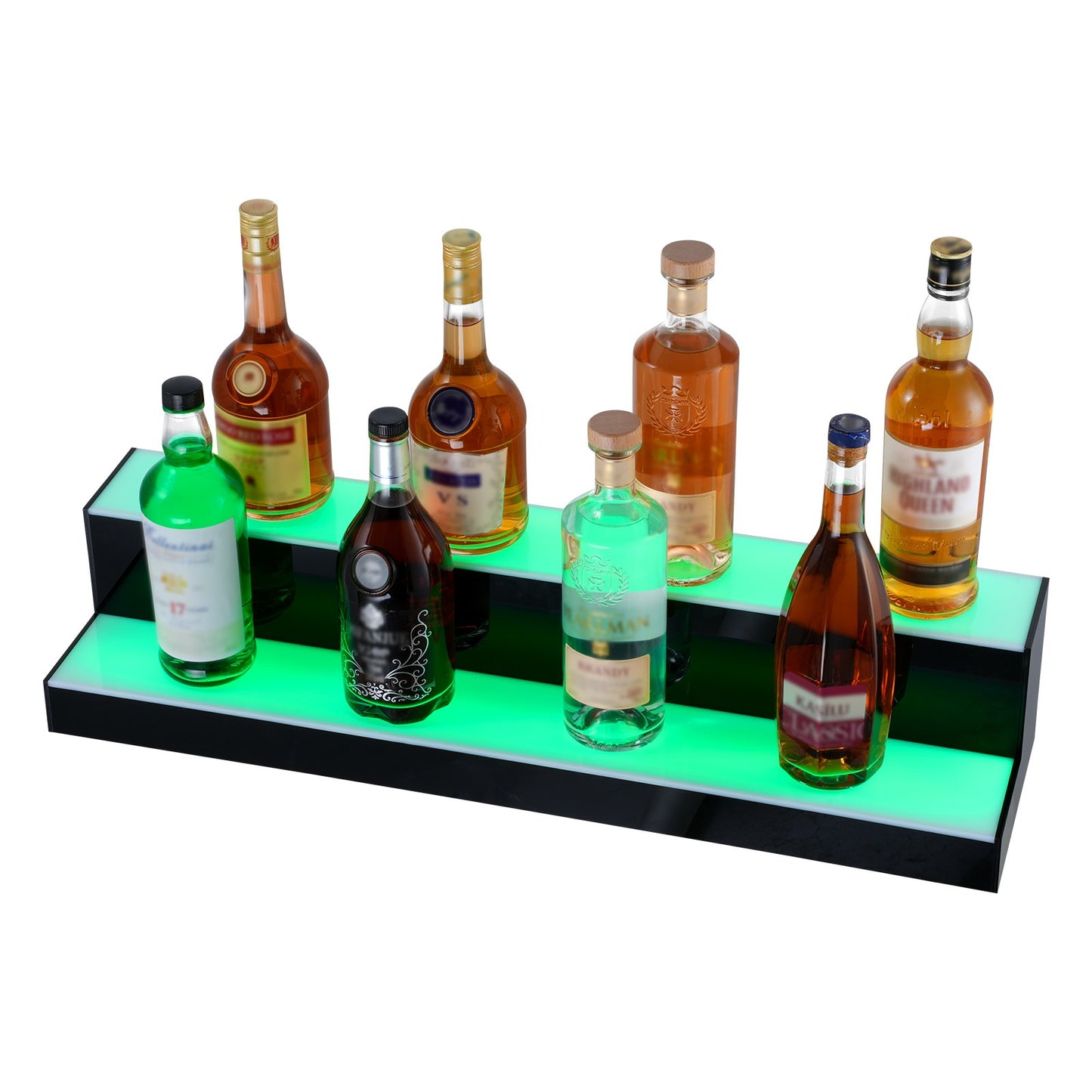 LED Lighted Liquor Bottle Display, 2 Tiers 30 Inch Commercial Illuminated Home Bar Shelf, 2 Steps Whiskey Rack Stand, Acrylic Drink Shelves with RF Remote & App Control, and Multicolor lighting