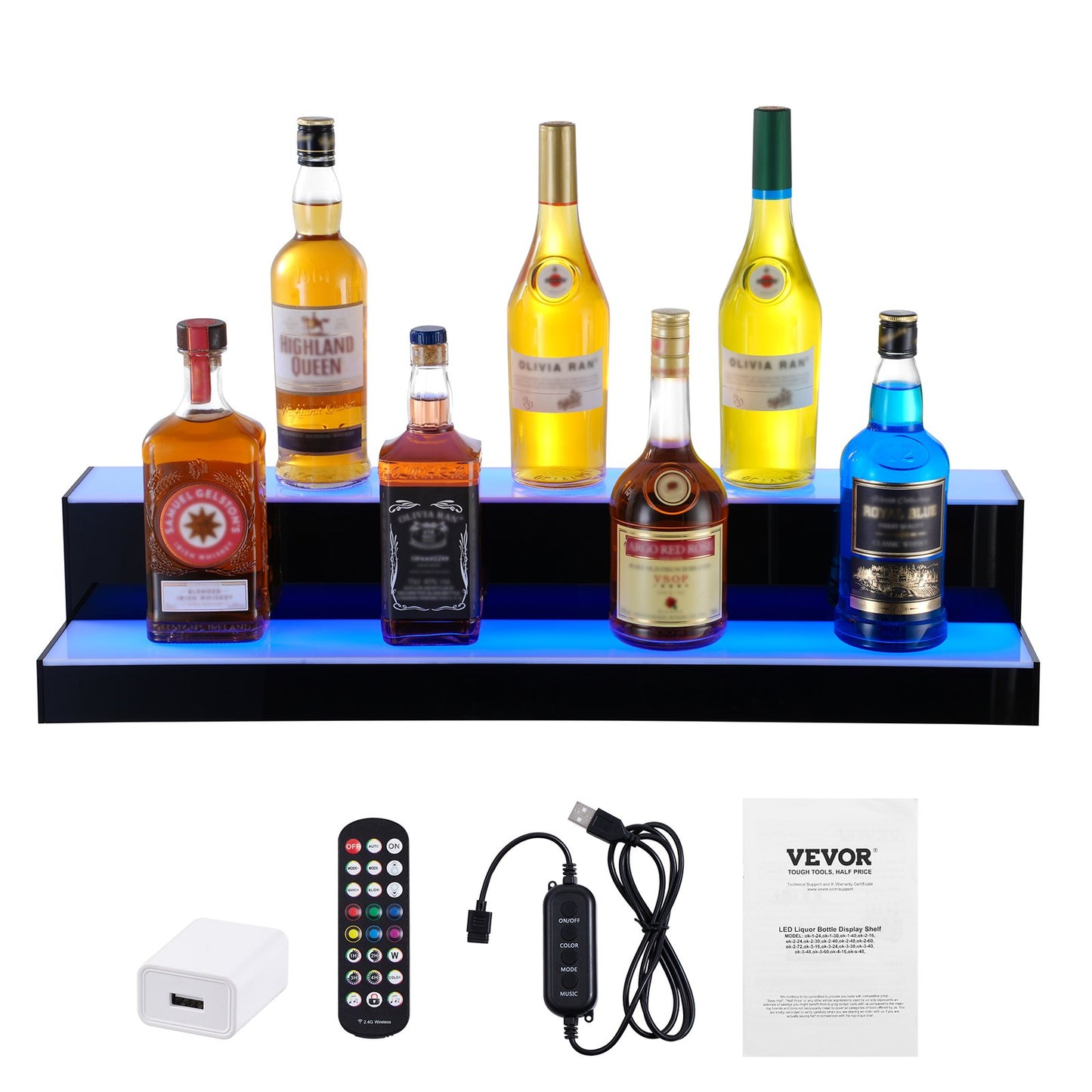 LED Lighted Liquor Bottle Display, 2 Tiers 30 Inch Commercial Illuminated Home Bar Shelf, 2 Steps Whiskey Rack Stand, Acrylic Drink Shelves with RF Remote & App Control, and Multicolor lighting