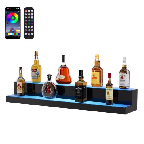 LED Lighted Liquor Bottle Display, 2 Tiers 40 Inch Commercial Illuminated Home Bar Shelf, 2 Steps Whiskey Rack Stand, Acrylic Drink Shelves with RF Remote & App Control, and Multicolor lighting