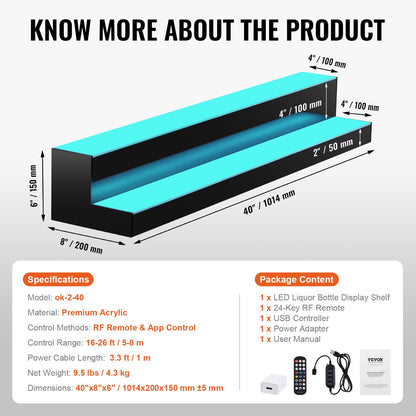 LED Lighted Liquor Bottle Display, 2 Tiers 40 Inch Commercial Illuminated Home Bar Shelf, 2 Steps Whiskey Rack Stand, Acrylic Drink Shelves with RF Remote & App Control, and Multicolor lighting