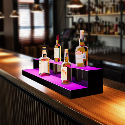 LED Lighted Liquor Bottle Display, 2 Tiers 40 Inch Commercial Illuminated Home Bar Shelf, 2 Steps Whiskey Rack Stand, Acrylic Drink Shelves with RF Remote & App Control, and Multicolor lighting