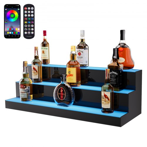 LED Lighted Liquor Bottle Display, 3 Tiers 30 Inch Commercial Illuminated Home Bar Shelf, 3 Steps Whiskey Rack Stand, Acrylic Drink Shelves with RF Remote & App Control, and Multicolor lighting