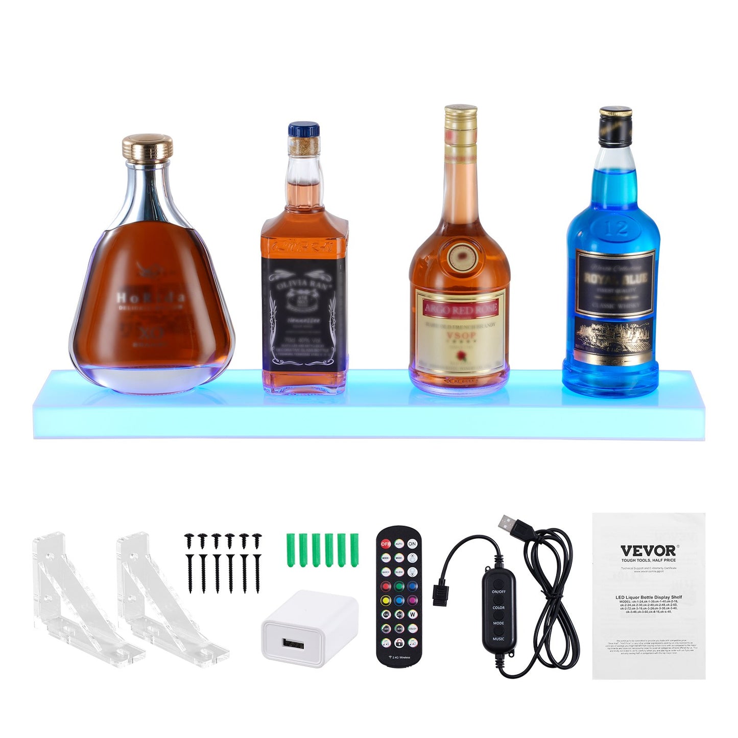 LED Lighted Liquor Bottle Display, 1 Tier 24 Inch Wall Mounted Whiskey Rack Stand, 1 Step Commercial Illuminated Home Bar Shelf, Acrylic Drinks lighting Shelves with RF Remote & App Control