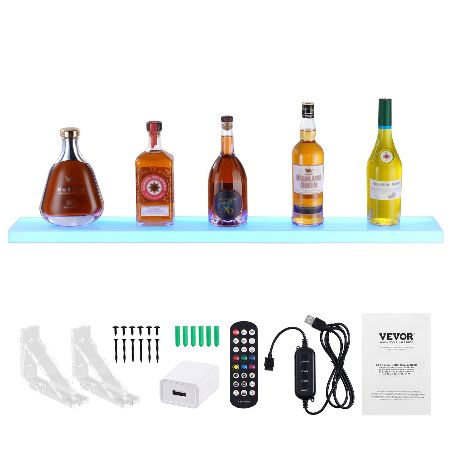 LED Lighted Liquor Bottle Display, 1 Tier 40 Inch Wall Mounted Whiskey Rack Stand, 1 Step Commercial Illuminated Home Bar Shelf, Acrylic Drinks lighting Shelves with RF Remote & App Control