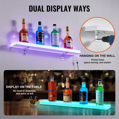 LED Lighted Liquor Bottle Display, 1 Tier 30 Inch Wall Mounted Whiskey Rack Stand, 1 Step Commercial Illuminated Home Bar Shelf, Acrylic Drinks lighting Shelves with RF Remote & App Control