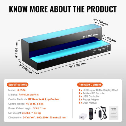 LED Lighted Liquor Bottle Display, 2 Tiers 24 Inch Commercial Illuminated Home Bar Shelf, 2 Steps Whiskey Rack Stand, Acrylic Drink Shelves with RF Remote & App Control, and Multicolor lighting