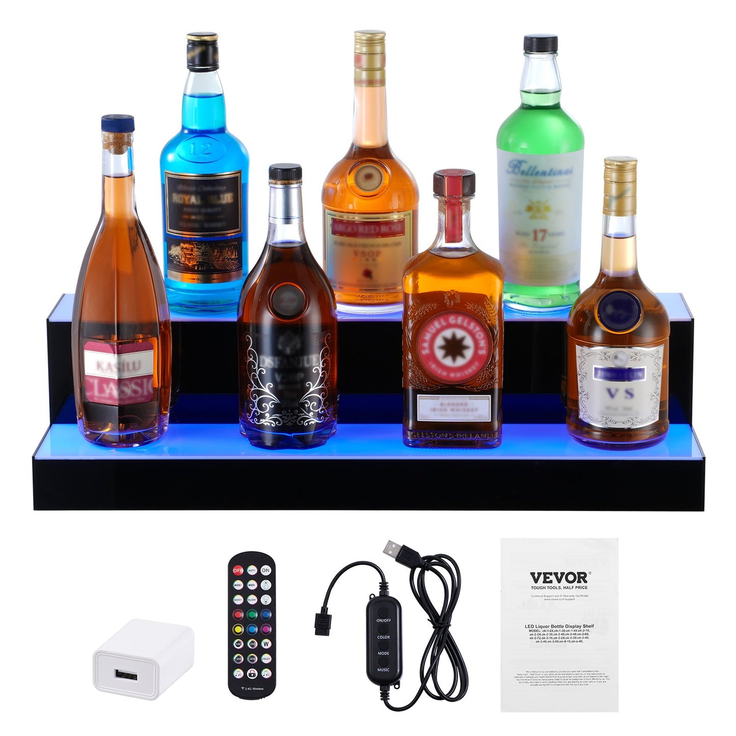 LED Lighted Liquor Bottle Display, 2 Tiers 24 Inch Commercial Illuminated Home Bar Shelf, 2 Steps Whiskey Rack Stand, Acrylic Drink Shelves with RF Remote & App Control, and Multicolor lighting