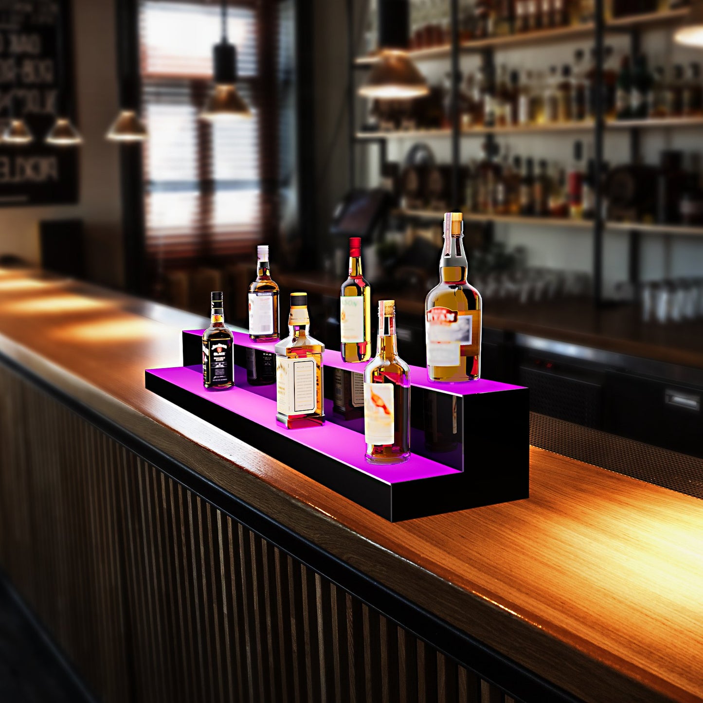 LED Lighted Liquor Bottle Display, 2 Tiers 60 Inch Commercial Illuminated Home Bar Shelf, 2 Steps Whiskey Rack Stand, Acrylic Drink Shelves with RF Remote & App Control, and Multicolor lighting