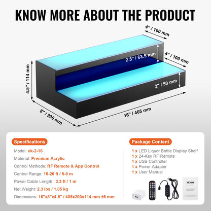 LED Lighted Liquor Bottle Display, 2 Tiers 16 Inch Commercial Illuminated Home Bar Shelf, 2 Steps Whiskey Rack Stand, Acrylic Drink Shelves with RF Remote & App Control, and Multicolor lighting