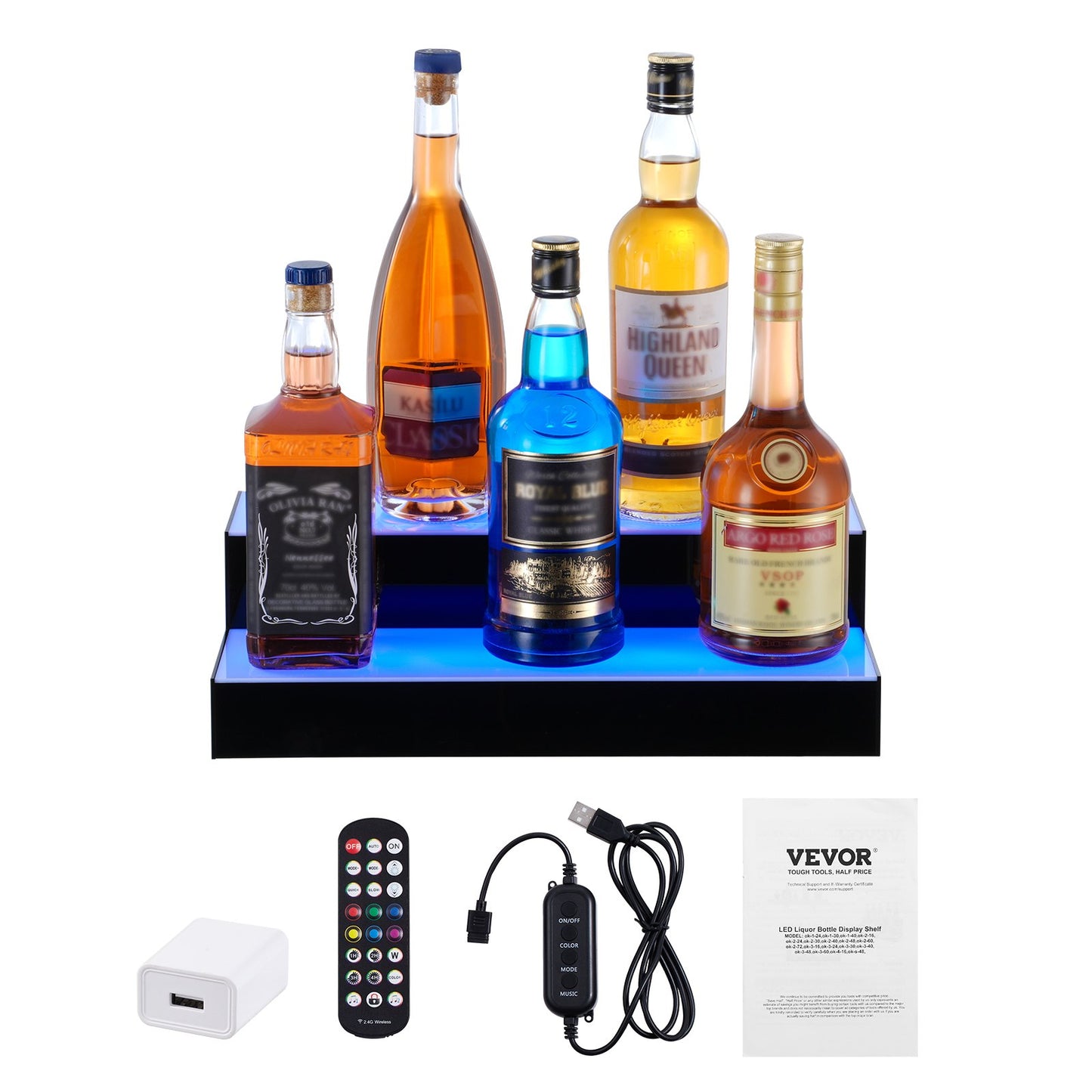 LED Lighted Liquor Bottle Display, 2 Tiers 16 Inch Commercial Illuminated Home Bar Shelf, 2 Steps Whiskey Rack Stand, Acrylic Drink Shelves with RF Remote & App Control, and Multicolor lighting