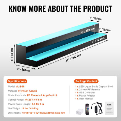 LED Lighted Liquor Bottle Display, 2 Tiers 48 Inch Commercial Illuminated Home Bar Shelf, 2 Steps Whiskey Rack Stand, Acrylic Drink Shelves with RF Remote & App Control, and Multicolor lighting