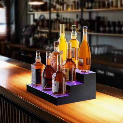 LED Lighted Liquor Bottle Display, 3 Tiers 16 Inch Commercial Illuminated Home Bar Shelf, 3 Steps Whiskey Rack Stand, Acrylic Drink Shelves with RF Remote & App Control, and Multicolor lighting