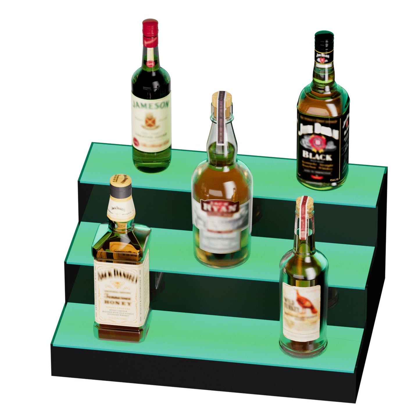 LED Lighted Liquor Bottle Display, 3 Tiers 16 Inch Commercial Illuminated Home Bar Shelf, 3 Steps Whiskey Rack Stand, Acrylic Drink Shelves with RF Remote & App Control, and Multicolor lighting