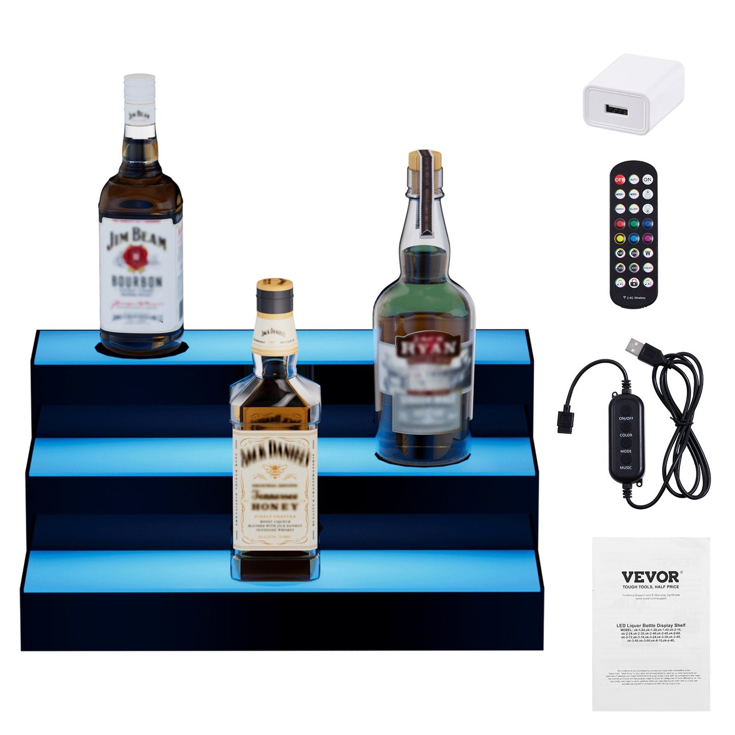 LED Lighted Liquor Bottle Display, 3 Tiers 16 Inch Commercial Illuminated Home Bar Shelf, 3 Steps Whiskey Rack Stand, Acrylic Drink Shelves with RF Remote & App Control, and Multicolor lighting
