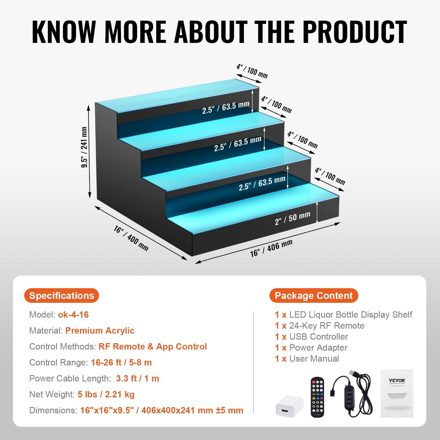 LED Lighted Liquor Bottle Display, 4 Tiers 16 Inch Commercial Illuminated Home Bar Shelf, 4 Steps Whiskey Rack Stand, Acrylic Drink Shelves with RF Remote & App Control, and Multicolor lighting