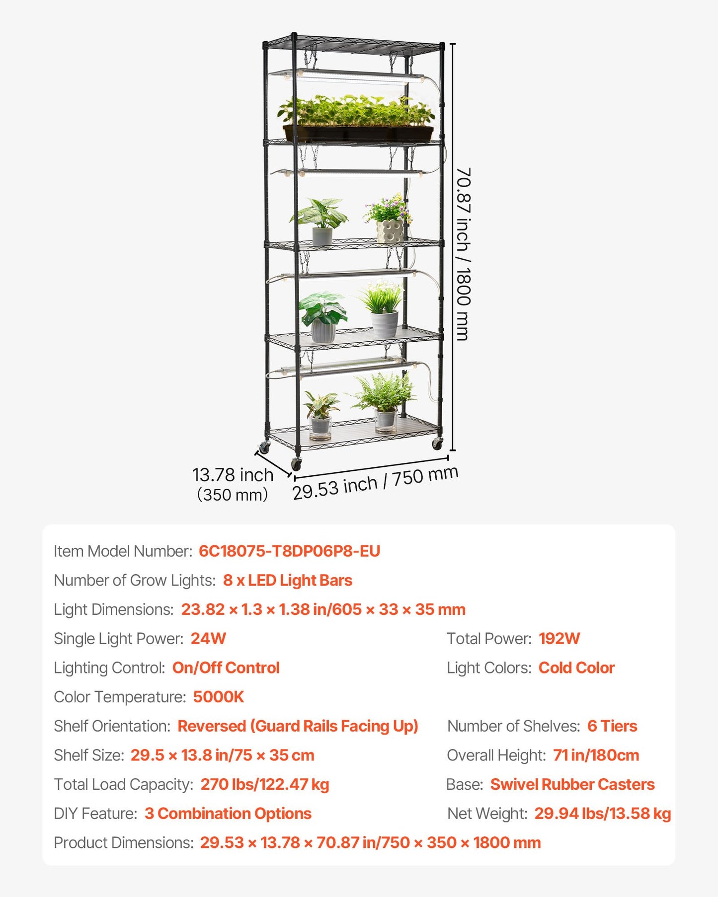 DIY Plant Shelf with Grow Lights, 180cm Tall Indoor Plant Stand with Wheels, 192W 5000K Full Spectrum Grow Lights, Heavy Duty Metal Plants Display Rack, Flower Pot Holder for Seed Starting