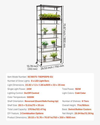 DIY Plant Shelf with Grow Lights, 180cm Tall Indoor Plant Stand with Wheels, 192W 5000K Full Spectrum Grow Lights, Heavy Duty Metal Plants Display Rack, Flower Pot Holder for Seed Starting