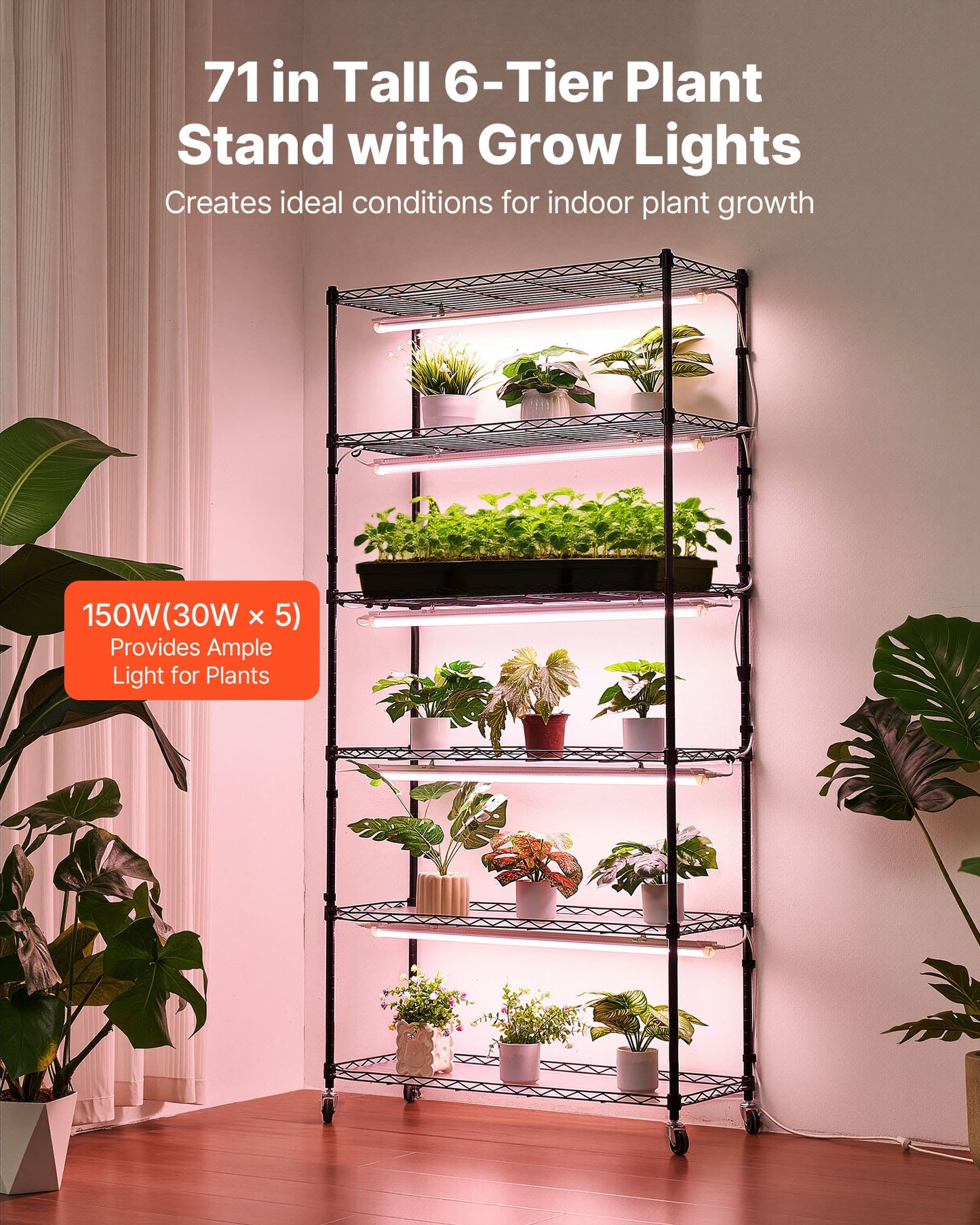 Plant Shelf with Grow Light, 6-Tier Indoor Plant Stand, 180cm Tall Indoor Plants Display Rack with Wheels & Timer, 150W 3800K Full Spectrum Grow Lights, Metal Flower Pot Holder for Seed Starting