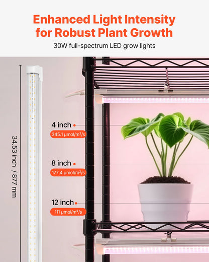 Plant Shelf with Grow Light, 6-Tier Indoor Plant Stand, 180cm Tall Indoor Plants Display Rack with Wheels & Timer, 150W 3800K Full Spectrum Grow Lights, Metal Flower Pot Holder for Seed Starting