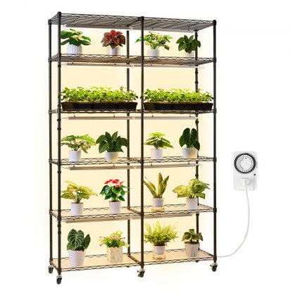 Plant Shelf with Grow Light, 6-Tier Double-Row Plant Stand, 180cm Tall Indoor Plants Display Rack with Wheels & Timer, 200W Full Spectrum Grow Lights, Metal Flower Pot Holder for Seed Starting