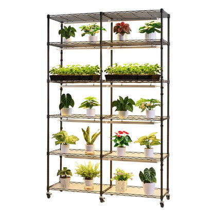 Plant Shelf with Grow Light, 6-Tier Double-Row Plant Stand, 180cm Tall Indoor Plants Display Rack with Wheels & Timer, 200W Full Spectrum Grow Lights, Metal Flower Pot Holder for Seed Starting
