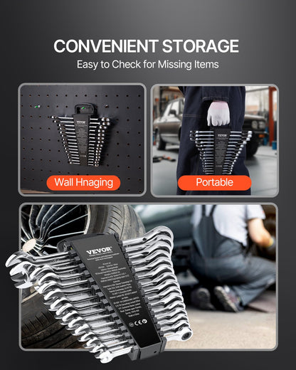 Combination Wrench Set, 30-Piece Ratcheting Wrench Set with Organizer Rack, Cr-V Steel Wrench Set SAE 1/4" to 1", Metric 8 mm to 24 mm, Ideal for General Household, Garage, Workshop, Emergency