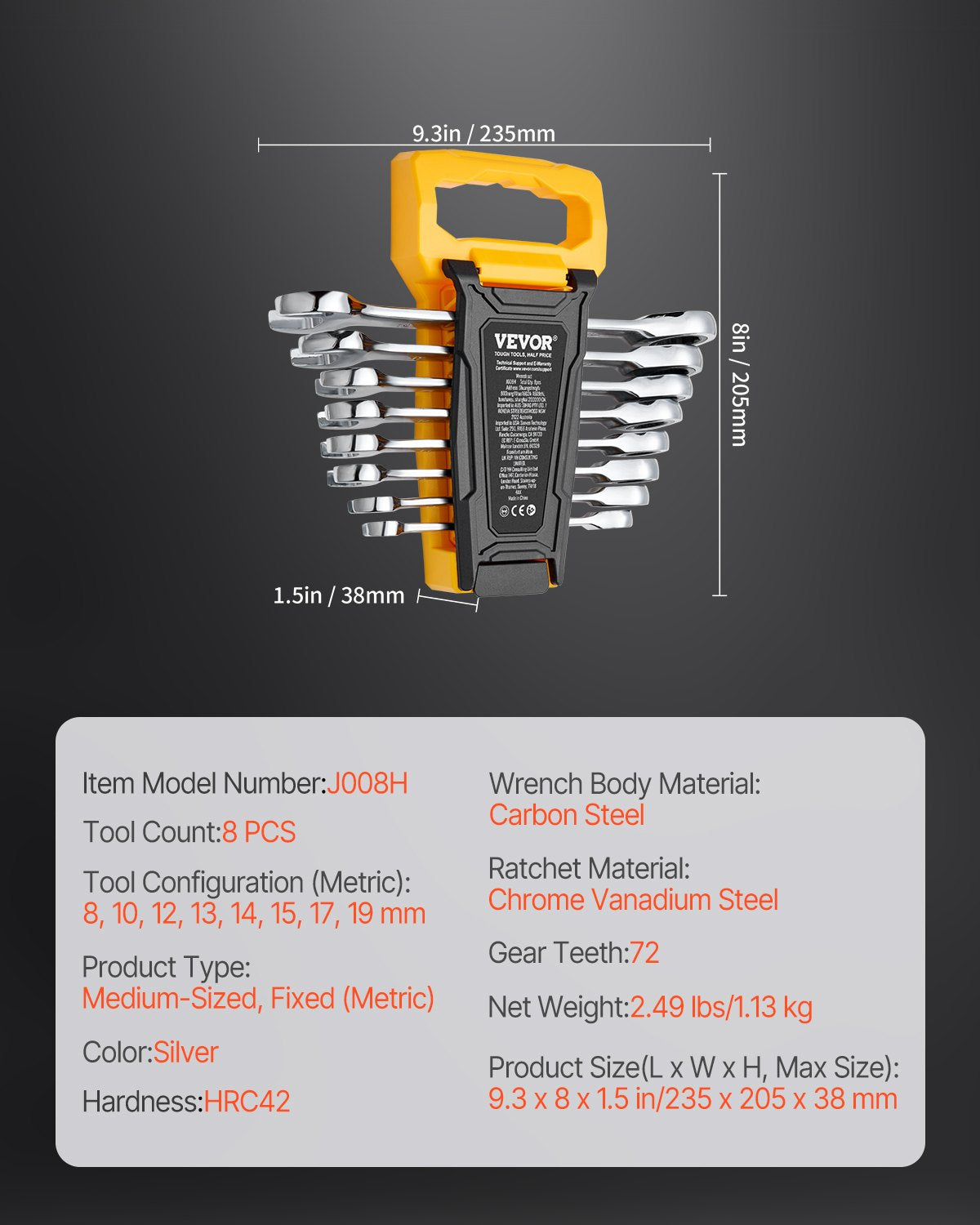 Combination Wrench Set, 8-Piece Ratcheting Wrench Set with Organizer Rack, Cr-V Steel Wrench Set Metric 8 mm to 19 mm, Ideal for General Household, Garage, Workshop, Auto Repairs, Emergency